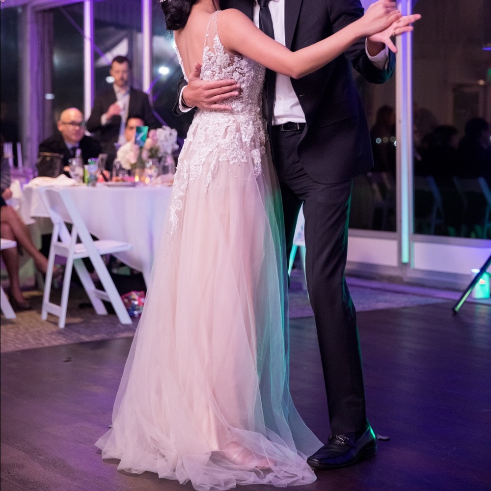 blush/off-white v neck fit and flare prom dress